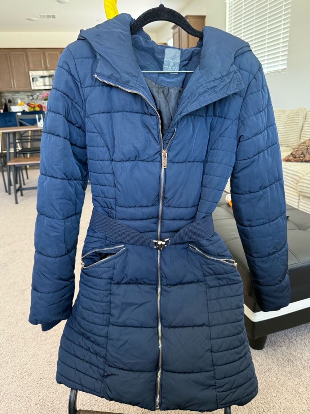 Primark Navy Quilted Hooded Belted Puffer Coat